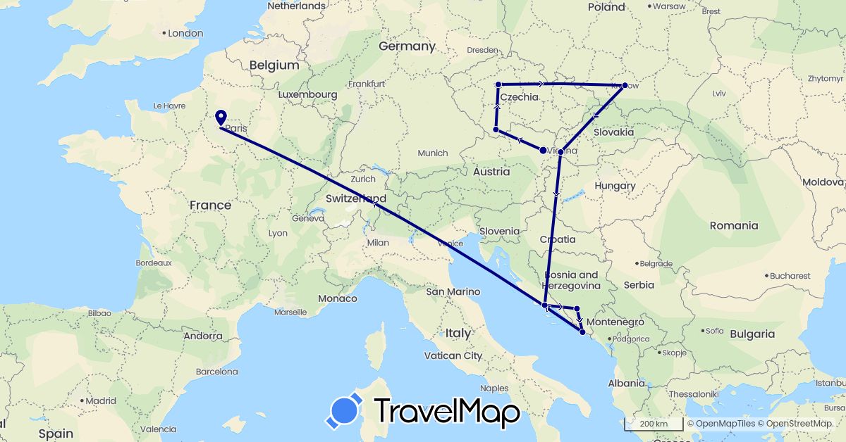 TravelMap itinerary: driving in Austria, Bosnia and Herzegovina, Czech Republic, France, Croatia, Poland, Slovakia (Europe)